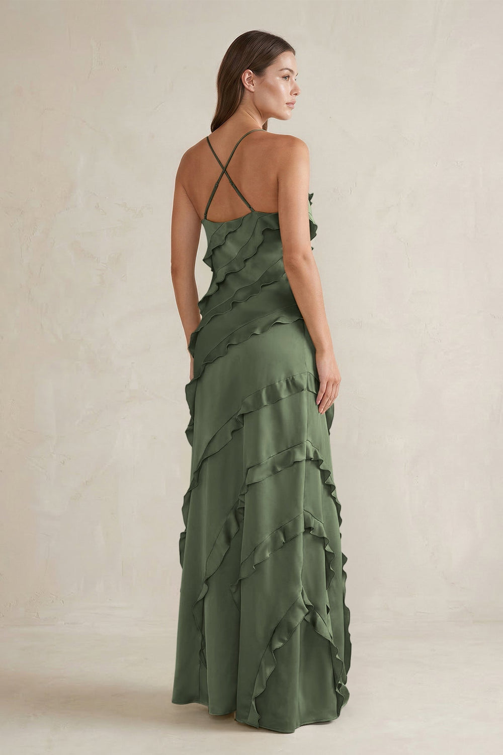 Spaghetti Straps Sheath Stain Ruffled Bridesmaid Dress in Thyme - KISS BRIDAL Bridesmaid Dresses