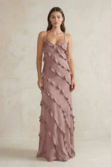 Spaghetti Straps Sheath Stain Ruffled Bridesmaid Dress in Toffee - KISS BRIDAL Bridesmaid Dresses