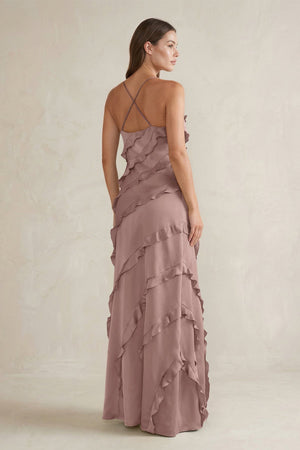 Spaghetti Straps Sheath Stain Ruffled Bridesmaid Dress in Toffee - KISS BRIDAL Bridesmaid Dresses