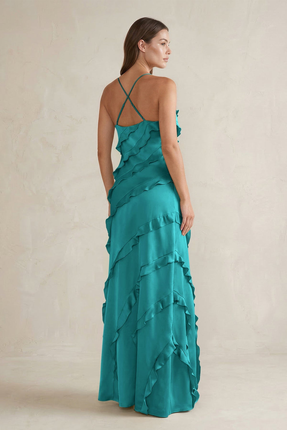 Spaghetti Straps Sheath Stain Ruffled Bridesmaid Dress in Turquoise - KISS BRIDAL Bridesmaid Dresses