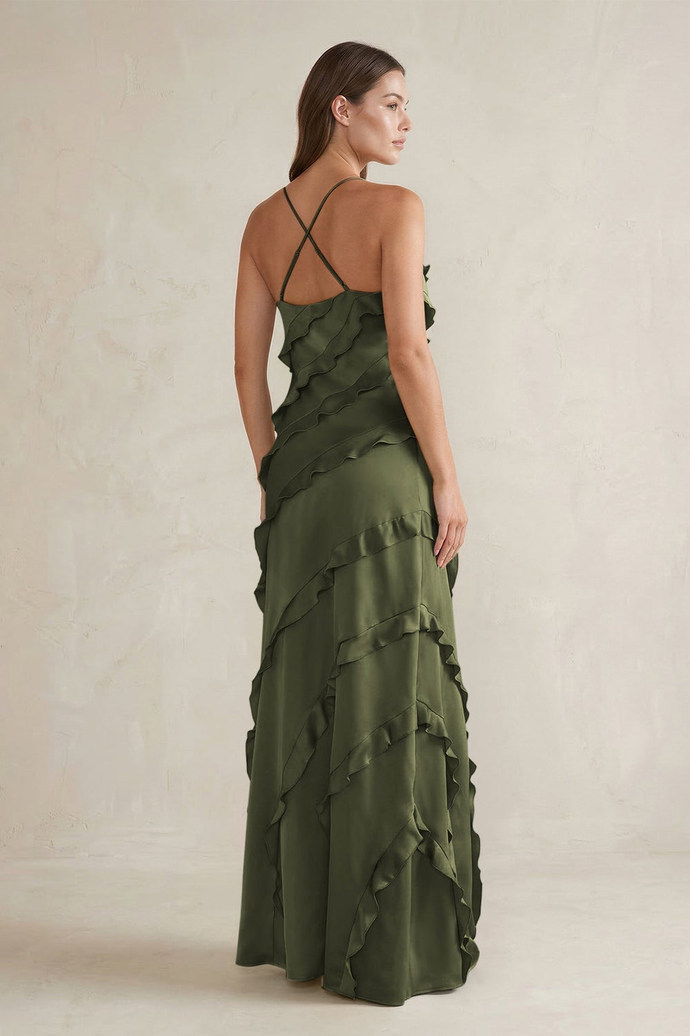 Spaghetti Straps Sheath Stain Ruffled Bridesmaid Dress in Willow Green - KISS BRIDAL Bridesmaid Dresses