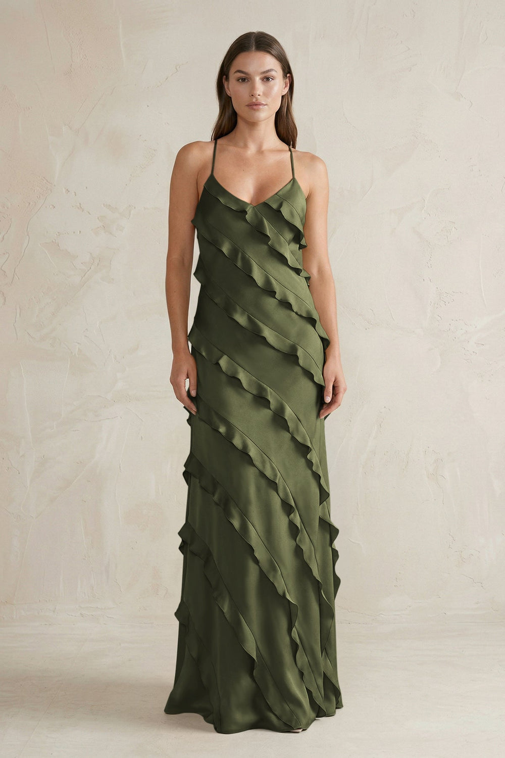 Spaghetti Straps Sheath Stain Ruffled Bridesmaid Dress in Willow Green - KISS BRIDAL Bridesmaid Dresses