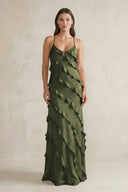 Spaghetti Straps Sheath Stain Ruffled Bridesmaid Dress in Willow Green - KISS BRIDAL Bridesmaid Dresses