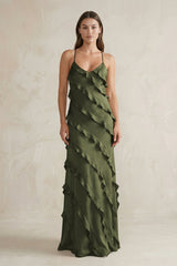 Spaghetti Straps Sheath Stain Ruffled Bridesmaid Dress in Willow Green - KISS BRIDAL Bridesmaid Dresses