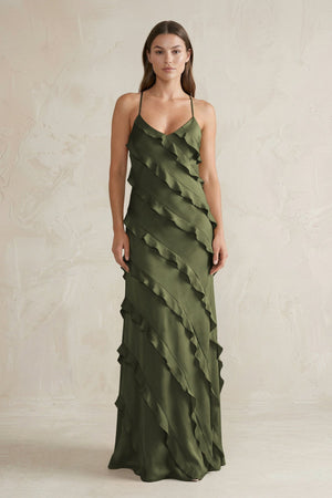 Spaghetti Straps Sheath Stain Ruffled Bridesmaid Dress in Willow Green - KISS BRIDAL Bridesmaid Dresses