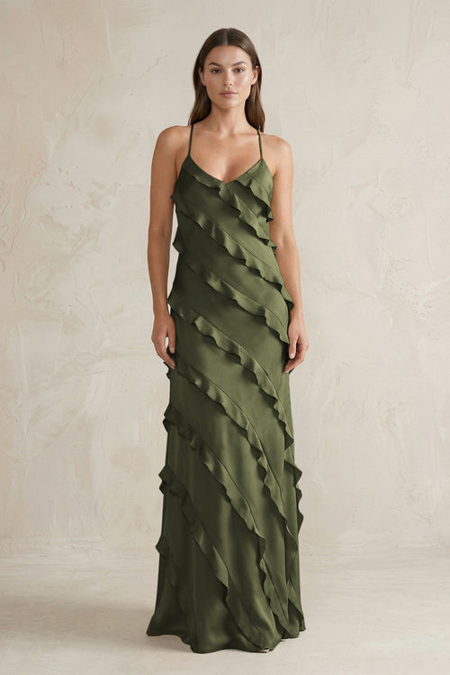 Spaghetti Straps Sheath Stain Ruffled Bridesmaid Dress in Willow Green - KISS BRIDAL Bridesmaid Dresses