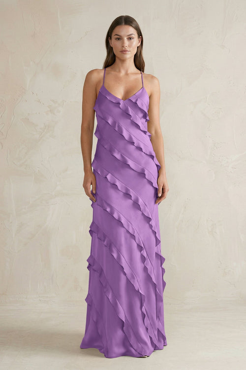 Spaghetti Straps Sheath Stain Ruffled Bridesmaid Dress in Wisteria - KISS BRIDAL Bridesmaid Dresses