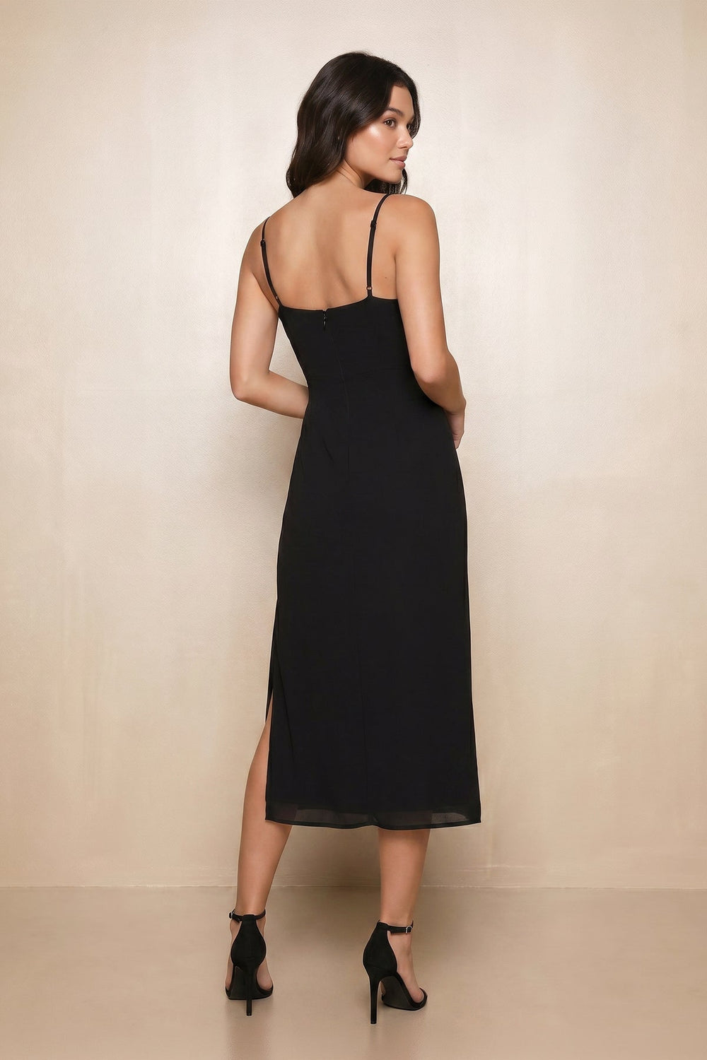 Spaghetti Straps Square Neck Sheath Chiffon Midi Dress With Slit in Black - KISS BRIDAL Dresses