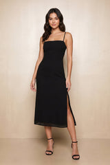 Spaghetti Straps Square Neck Sheath Chiffon Midi Dress With Slit in Black - KISS BRIDAL Dresses