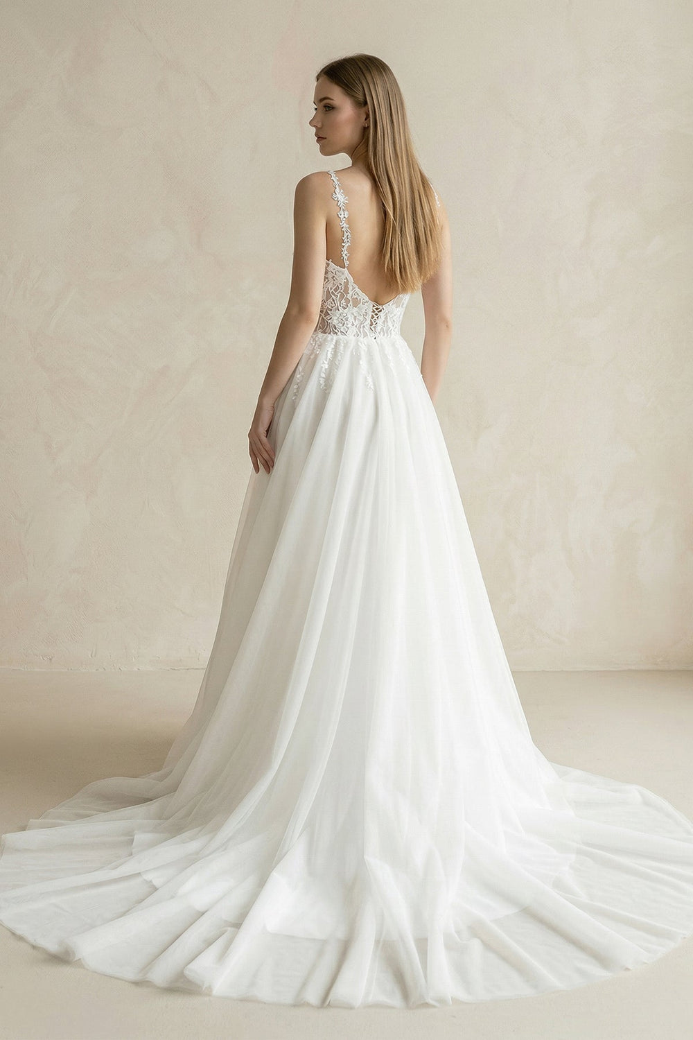 Spaghetti Straps Tulle A - Line Appliqued Wedding Dress in White - KISS BRIDAL Wedding Dresses