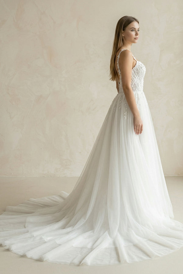 Spaghetti Straps Tulle A - Line Appliqued Wedding Dress in White - SHE IS ME Wedding Dresses