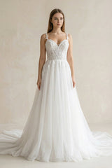Spaghetti Straps Tulle A - Line Appliqued Wedding Dress in White - KISS BRIDAL Wedding Dresses