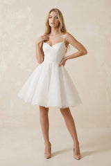 Spaghetti Straps Tulle A - Line Mini Wedding Dress in White - KISS BRIDAL Wedding Dresses