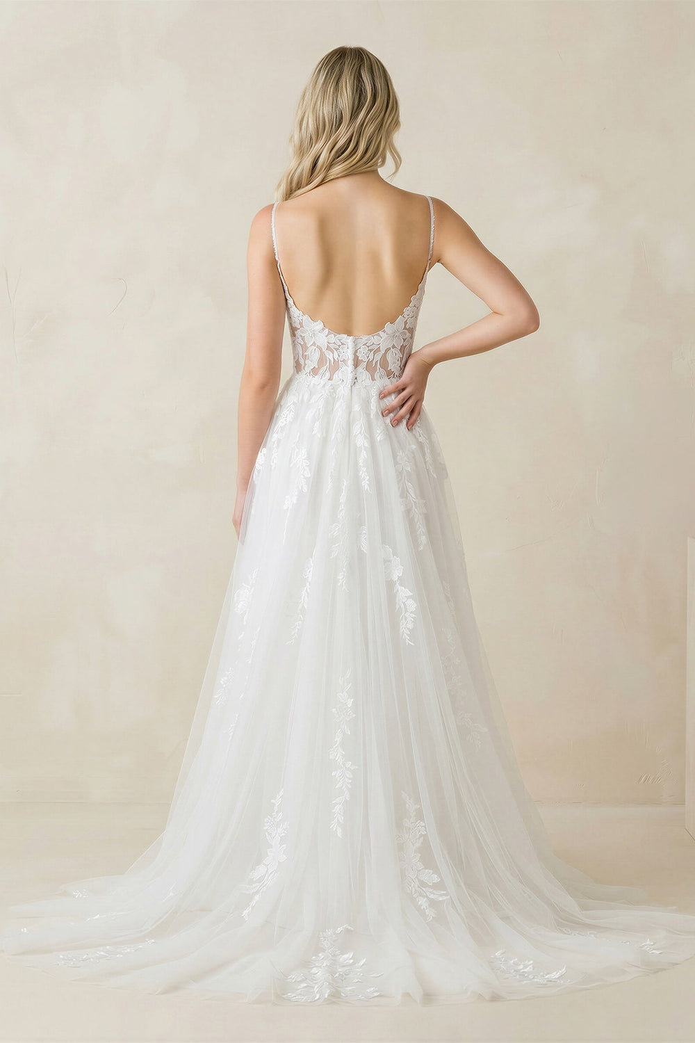 Spaghetti Straps Tulle Appliqued Corset Wedding Dress in White - KISS BRIDAL Wedding Dresses