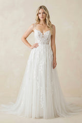 Spaghetti Straps Tulle Appliqued Corset Wedding Dress in White - KISS BRIDAL Wedding Dresses