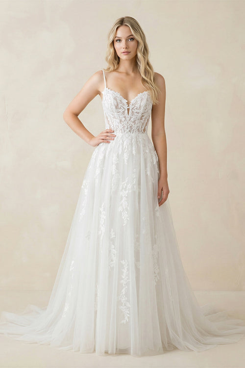 Spaghetti Straps Tulle Appliqued Corset Wedding Dress in White - SHE IS ME Wedding Dresses