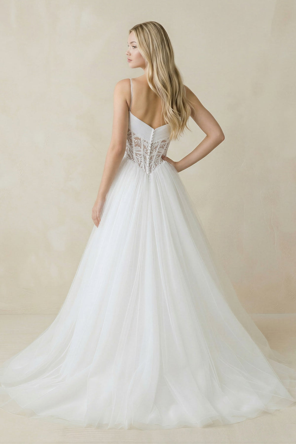 Spaghetti Straps Tulle Ball - Gown Corset Wedding Dress in White - KISS BRIDAL Wedding Dresses