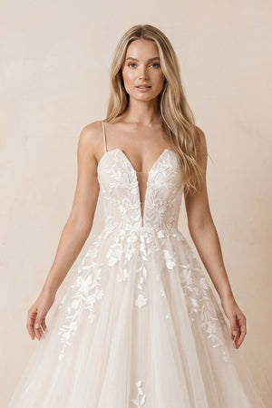 Ivory Lace Corset V - Neck A - Line Wedding Dress - KISS BRIDAL Wedding Dresses