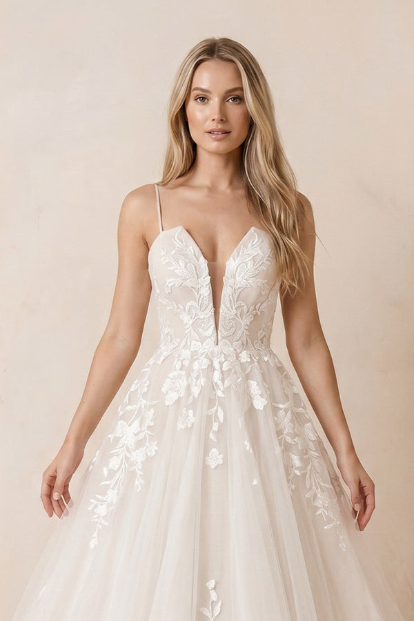 Ivory Lace Corset V - Neck A - Line Wedding Dress - KISS BRIDAL Wedding Dresses