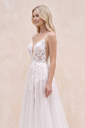 White Nude Spaghetti Straps V-Neck Lace Appliques A-line Tulle Rustic Wedding Dress - KISSBRIDAL