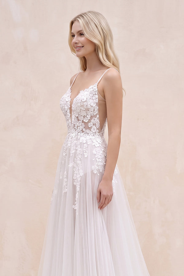 White Nude Spaghetti Straps V-Neck Lace Appliques A-line Tulle Rustic Wedding Dress - KISSBRIDAL