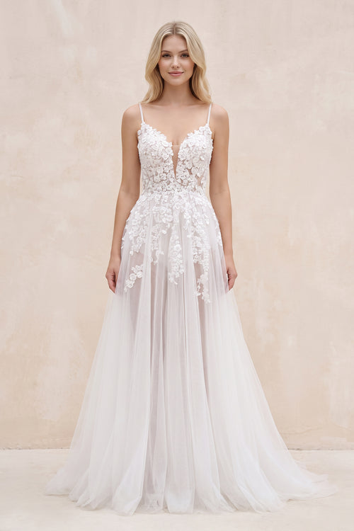White Nude Spaghetti Straps V-Neck Lace Appliques A-line Tulle Rustic Wedding Dress - KISSBRIDAL