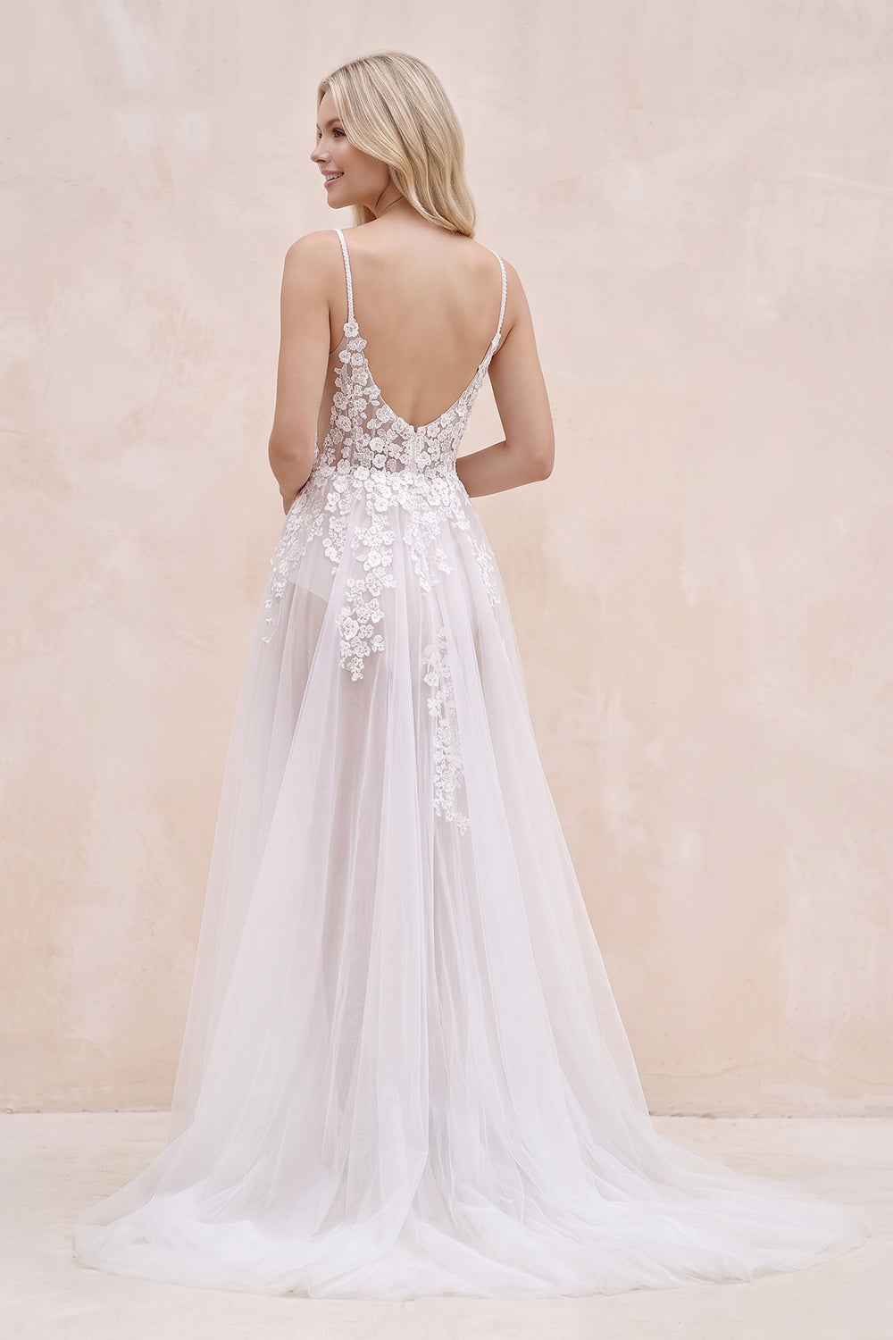 Spaghetti Straps A Line Tulle Wedding Dress in White and Nude