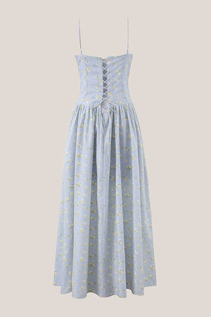 Spaghetti Straps Vintage Rose Printed Cotton Midi Dress in Blue– SHE IS ME Dresses