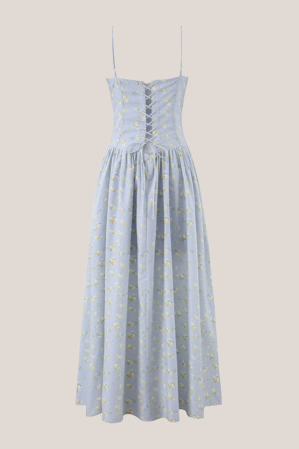 Spaghetti Straps Vintage Rose Printed Cotton Midi Dress in Blue– SHE IS ME Dresses