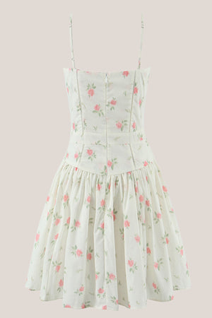 Spaghetti Straps Vintage Rose Printed Cotton Mini Dress in White– SHE IS ME Dresses