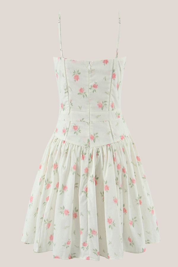 Spaghetti Straps Vintage Rose Printed Cotton Mini Dress in White– SHE IS ME Dresses