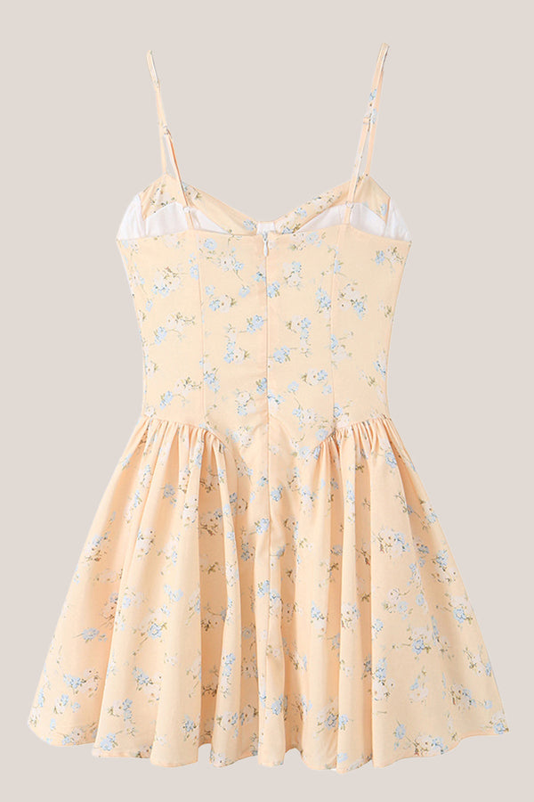 Spaghetti Straps Warm Rose Print Cotton Mini Dress in Yellow– SHE IS ME Dresses