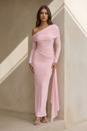Spandex Ruched Maxi Dress with Drape in Pink - KISSBRIDAL