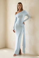 Spandex Ruched Maxi Dress with Drape in Sky Blue - KISSBRIDAL