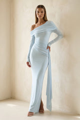 Spandex Ruched Maxi Dress with Drape in Sky Blue - KISSBRIDAL