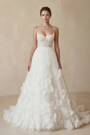 Sparkly 3D Flower Sequins Corset Wedding Dress in White - SHE IS ME Wedding Dresses