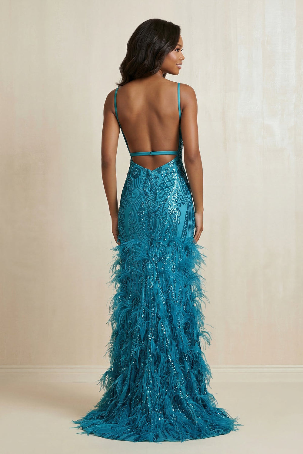 Sparkly Appliqued Mermaid Long Prom Dress With Feather in Peacock - SHE IS ME Prom Dresses
