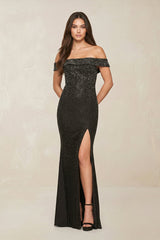 Sparkly Beaded Sheath Off - the - Shoulder Wedding Dress in Black - KISS BRIDAL Wedding Dresses