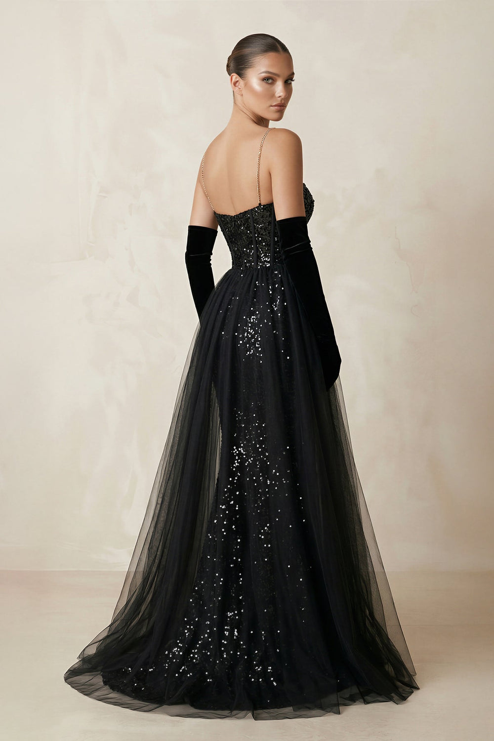 Sparkly Sweetheart Sequined Keyhole Wedding Dress With Tulle Train in Black - KISS BRIDAL Wedding Dresses