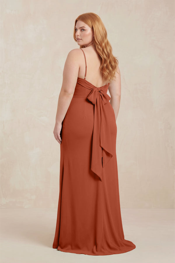 Spice Cowl Neck Sheath Chiffon Bridesmaid Dress with Corset (2) | KISSBRIDAL