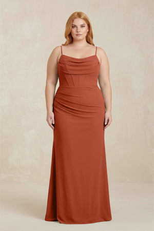 Spice Cowl Neck Sheath Chiffon Bridesmaid Dress with Corset | KISSBRIDAL