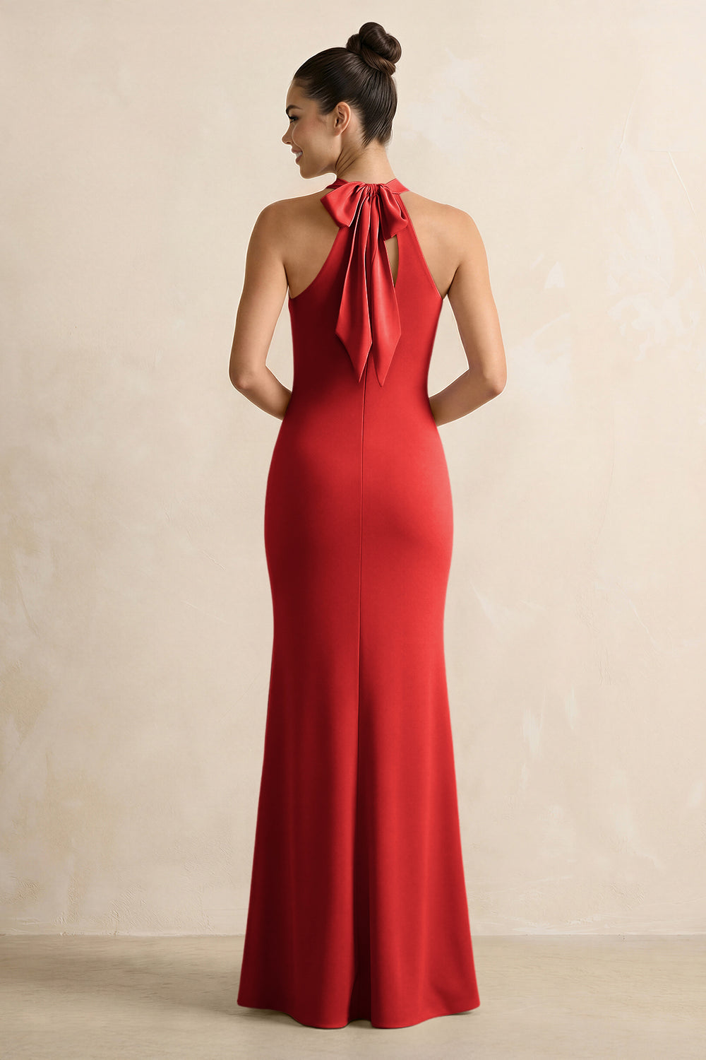 Crisscross Halter Sheath Satin Bridesmaid Dress with Bow in Spice