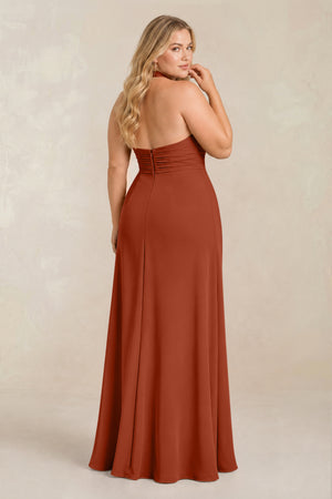 Spice High Neck Chiffon Sheath Ruched Bridesmaid Dress (2) [sizeplus] | KISSBRIDAL