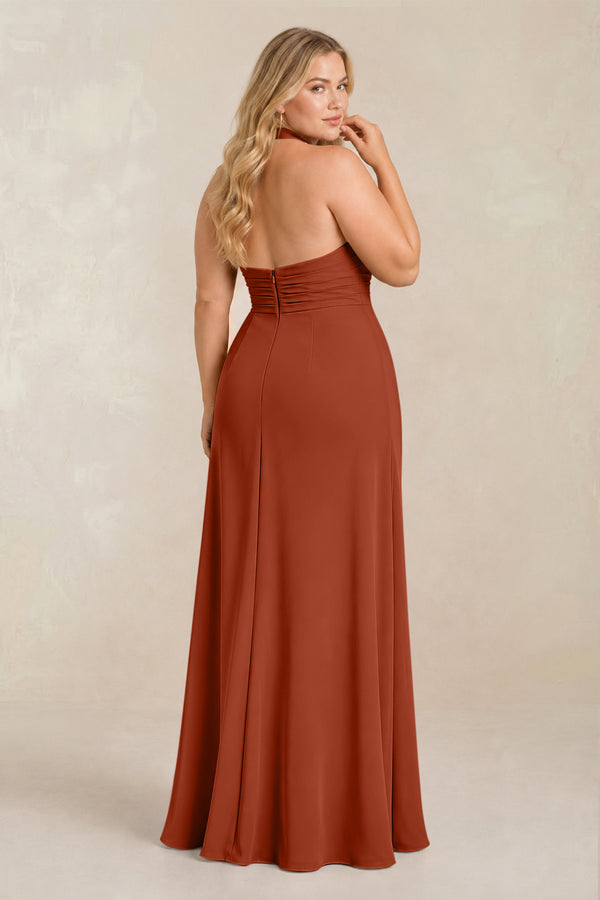 Spice High Neck Chiffon Sheath Ruched Bridesmaid Dress (2) [sizeplus] | KISSBRIDAL