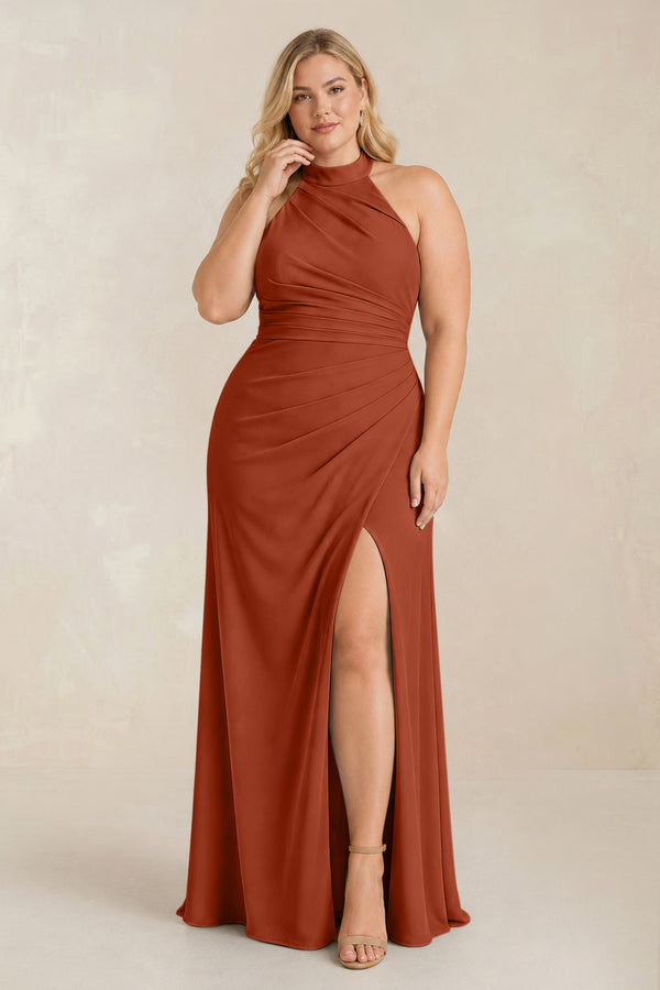 Spice High Neck Chiffon Sheath Ruched Bridesmaid Dress [sizeplus] | KISSBRIDAL