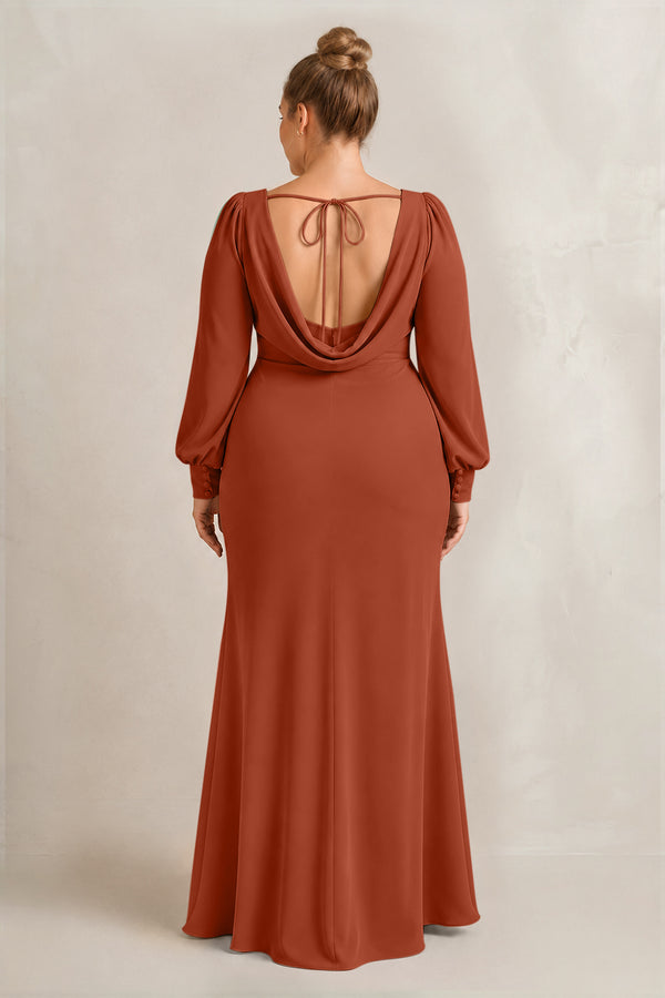 Spice Long Sleeve V-Neck Sheath Chiffon Bridesmaid Dress (2) [sizeplus] | KISSBRIDAL
