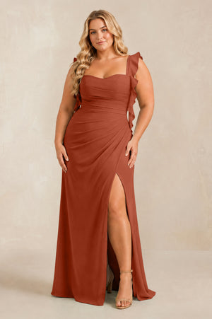 Spice Ruffled Sleeve Ruched Sheath Chiffon Bridesmaid Dress [sizeplus] | KISSBRIDAL
