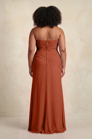 Spice Sheath Chiffon Strapless Pleated Bridesmaid Dress (2) | KISSBRIDAL[sizeplus]