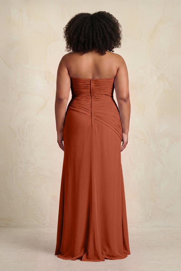 Spice Sheath Chiffon Strapless Pleated Bridesmaid Dress (2) | KISSBRIDAL[sizeplus]