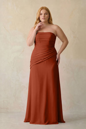 Spice Sheath Chiffon Strapless Pleated Bridesmaid Dress (3) | KISSBRIDAL[sizeplus]